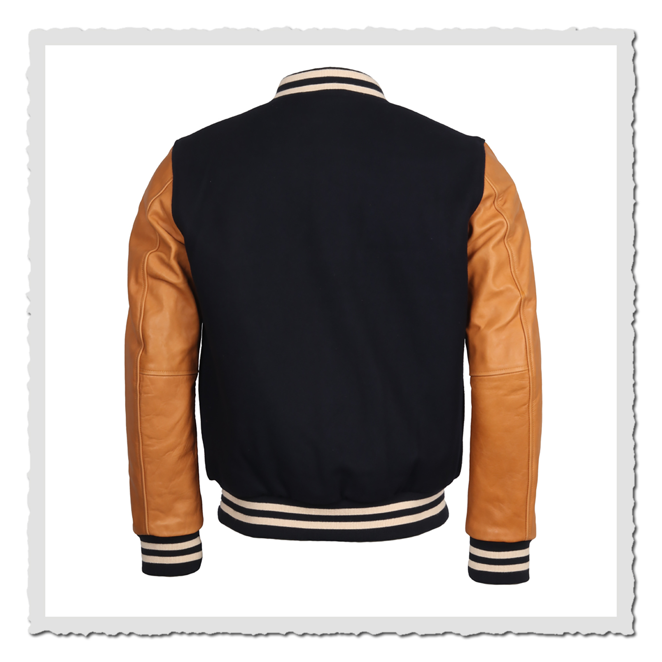 Collegejacke in Navy mit braunen Ärmeln, Rückansicht freigestellt vor weißem Hintergrund, Bündchen und Kragen sichtbar.